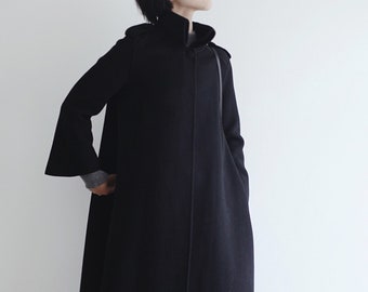 P017---Women's Double-faced Wool Cashmere A Coat, Hand Stitched Wool Trench Coat, Black Long Coat, Cashmere Maxi Coat