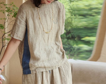 I043---Crinkled Linen Top, Two Tone Short Sleeve Tee / T-shirt, S M L, Plus Size, Made to Order.