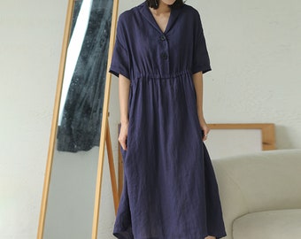 F020---Loose Linen Collar Dress, Half Sleeve Maxi Dress, in Navy Blue Color.