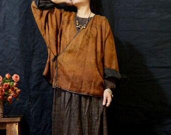 A812---Reversible Mud Silk Rayon Blend Jacquard Hanfu Jacket / Blouse / Blazer, Mud Silk Kimono Jacket, Made to Order.