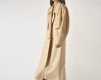 P113---Women's Crinkled Double Faced Wool Blend Layered Coat, Hand Stitched Khaki / Camel  Double Coat, Winter Outerwear, Made to Order.