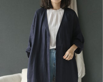 F019---Linen Kimono Wrap with Pockets, Linen Cardigan Jacket, Black Linen Blouse, Duster Coat, Linen Blazer