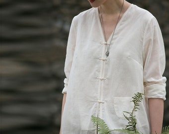 E030 --- cheongsamshirt met hoge hals en v-hals, ecru/gebroken witte dubbellaagse Chinese blouse met lange mouwen, op bestelling gemaakt.