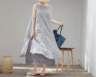P035---Two Layer Ramie Long Sleeveless Dress, Gray Trapeze Tank Dress, Maxi A Line Dress, Made to Order.