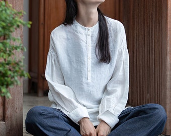 E009---Modified Washed Linen Cheongsam Tunic Top, Qipao Top, Chinese Shirt, White Zen Oriental Blouse.