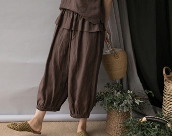 J008---Brown Thin Ramie Lattern Pants / Grandma's Trousers, Made to Order