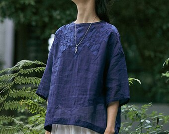 E010---Blue High Counted Ramie Tee / Top / T-shirt / Blouse, Decored with Toned Dupioni Hand-sewn Applique', Made to Order.