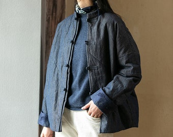 E025 --- Jaqueta jeans acolchoada com mistura de algodão e linho feminino/casaco acolchoado Cheongsam com punho de apliques, agasalhos de inverno chinês modificados