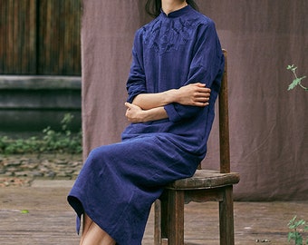 E011---Washed Linen Qipao Dress, Long Sleeve Cheongsam Dress, Fully Lined Chinese Costume, Vintage Grandma's Applique', Wedding Dress,