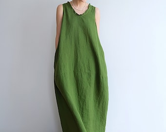 W055---Relaxed Linen Sleeveless Cocoon Dress, Linen Long Bud Dress in Green, Made to Order