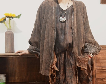 X068---Loose Mud Tussah Silk Jacquard Kimono Jacket, Hanfu Jacket, Han Fu Coat, Kimono Coat, Spring Jacket,  Made to Order.
