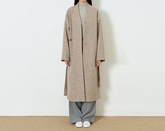 W052---Women's Boiled Wool Minimalist V-neck Trapeze Long Coat, Winter Coat, Made to Order.