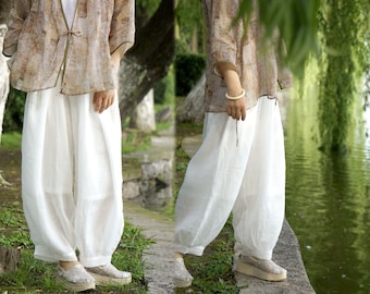 W042---High Count Ramie Lantern Pants in White Color, Meditation Outfit, Yoga Suit, Gongfu / Kung Fu Suit, Tai Chi Suit, Zen Clothes.