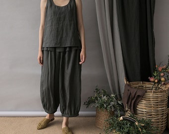 J008---Black Thin Ramie Lattern Pants / Grandma's Trousers, Made to Order