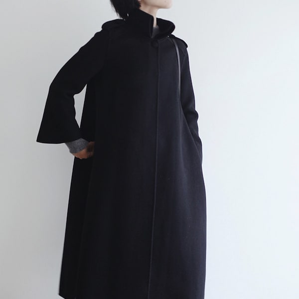 P017---Women's Double-faced Wool Cashmere A Coat, Hand Stitched Wool Trench Coat, Black Long Coat, Cashmere Maxi Coat