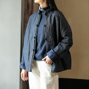 E025---Women&#39;s Linen Cotton Blend Quilted Denim Jacket / Cheongsam Padding Coat with Applique Cuff, Modified Chinese Winter Outerwear