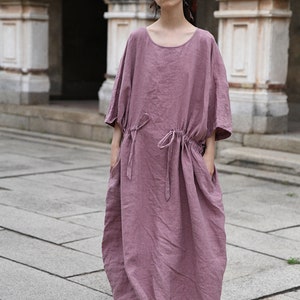 O006---Women&#39;s Purple Linen Tunic Dress, Linen Tunic, Plus Size Tunic, Maternity, Linen Galabia, Kaftan, Line Robe, Oversize Linen Dress