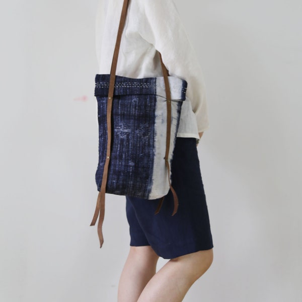 A97---EDOA Handmade Indigo Blue Plant Dyed Linen Tote Bag, One of A Kind.