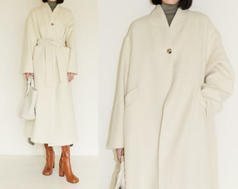 W016---Women's Suri Alpaca V-neck Belted Wrap Maxi Coat in Off-white Color, Made to Order.