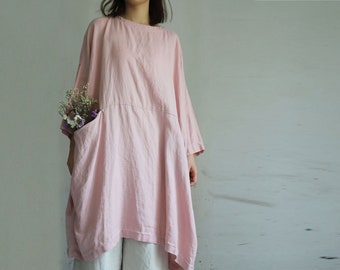 Z103--- Womens Oversized Linen Smock Top Tunic, Kaftan, Pink Plus Size Tunic, Maternity, Linen Tunic Dress / Tunic Top, One Size Fits All.