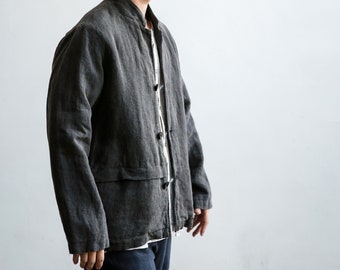 N011---Men's Gray Washed Ramie Lined Jacket / Coat, Modified Chinese Costume, Made to Order.