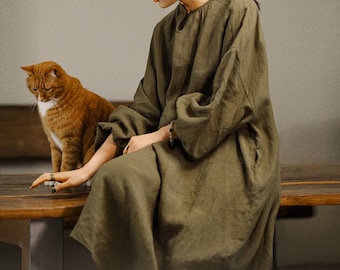 N303---Oversized Linen Tunic Dress in Olive Green, Women&#39;s Loose Long Sleeves Linen Dress, Linen Zen Dress, Plus Size Linen Dress