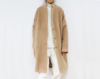 A03---Abrigo capullo de lana hervida para mujer en color camel, abrigo de fieltro de gran tamaño, sin forro, abrigo de invierno acogedor.