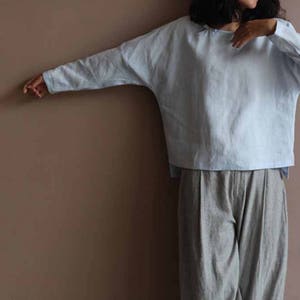604---Blue Washed Linen Tunic Top, Long Sleeve Linen T-shirt / Tee Shirt, Kimono Blouse, Oversized, Made to Order