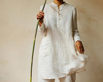 785---Washed Hemp Tunic Top, Blouse, Shirt, White Linen Summer Top Boho, Ethnic, Kaftan Top, Caftan, Linen Clothing, Spring, Fall.