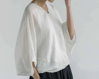 774---Loose Linen Tee / Tunic / Top,  Off White Washed Ramie Linen Shirt Women, Boho Linen Top, Zen Linen Clothing, One Size Fits S, M, L..