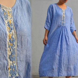 496--- Blue Yarn Dyed Linen Dress, with Hand Embroidery, Made to Order.