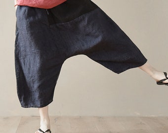 B32---Washed Linen Patchwork Harem Pants, Navy Blue Spring, Summer, Fall Trousers, Holiday, One Size Fits Many(S-L).