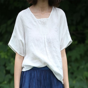A70---Women&#39;s High Counted French Linen Top / Tee / T-shirt / Blouse / Shirt / Tunic / Tunic Top, White Summer Top, Made to Order.