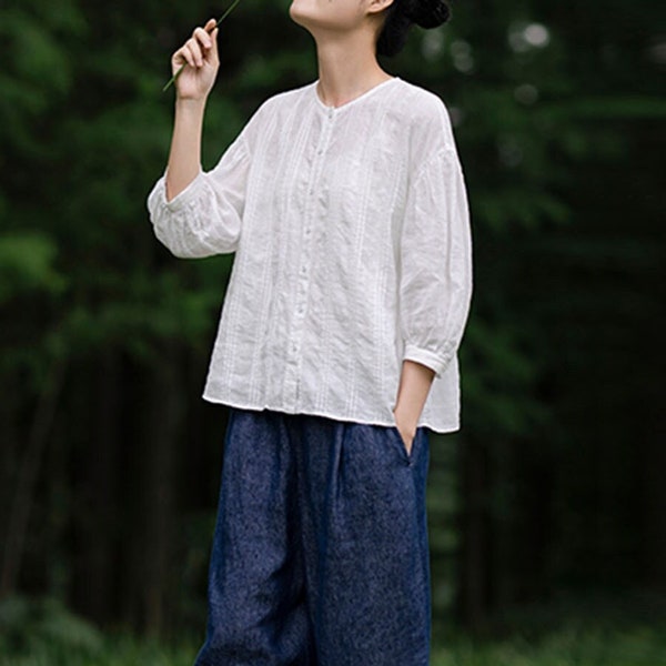 D227---White Thin Linen Vertical Pin Tucks Blouse, with  3/4 sleeves , Made to Order.