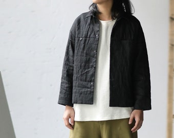 U012---Unisex Black Linen Quilted Jacket, Padding Shirt Jacket, Made to Order.