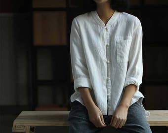 754---Linen Shirt, Women&#39;s Stand Collar Off White Loose Linen Top, Classic Work Shirt, Washed Linen Cheongsam, Plus Size Top.