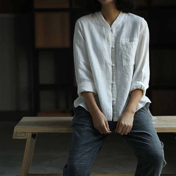 754---Linen Shirt, Women's Stand Collar Off White Loose Linen Top, Classic Work Shirt, Washed Linen Cheongsam, Plus Size Top.