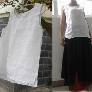 003--- Linen Tank Top, Raw Edged, Hand Embroided at neckline, armholes and hem,Contrast Hand Stitched Linen Top, Made to Order.
