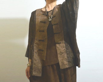 A763---Mud Silk Cotton Blend Chinese Jacket, Gambiered Silk Cheongsam Coat,  Made to Order.