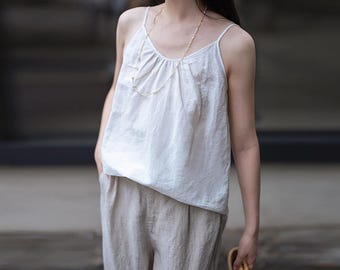 Q714---White Washed Linen Camisole Top, Gathered Spaghetti Strap Linen Top, Made to Order.