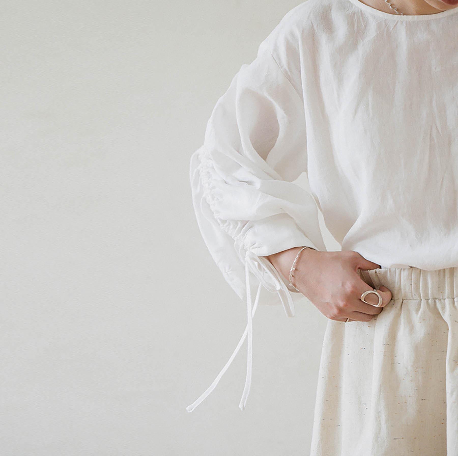 W148--Linen Blouse with Drawstring Sleeves, Japanese style Retro spring and Summer Linen Smock Top, Made to Order.