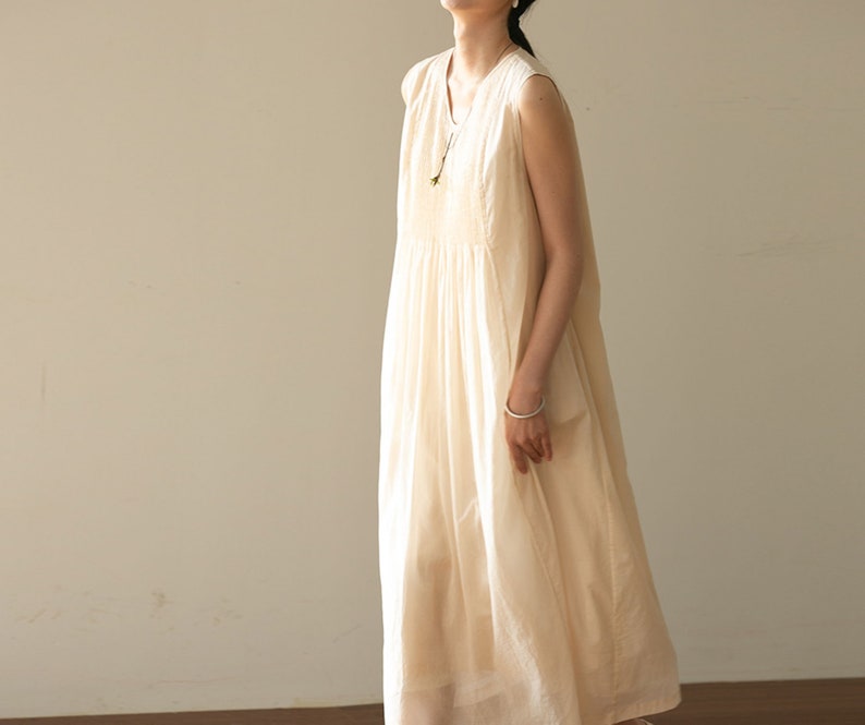 E104Women's High Count 100S Cotton Pintucked Sleeveless Dress / Tank Dress in Cream White, Made to Order. image 8