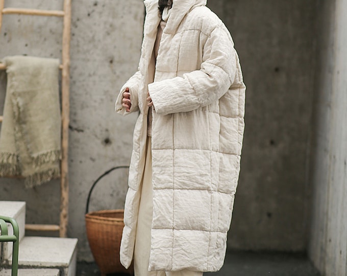 I015---Woman's Reversible Linen Down Coat , Eco-friendly Flax Linen Double-breasted Cocoon Shape Puffer Down Coat, Made to Order.