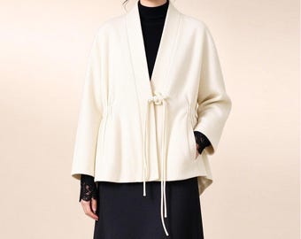 W187---Women's Cream White Winter Boiled WoolChinese Coat, Wool Hanfu Jacket, Han Fu Coat, Kimono Coat, Made to Order.