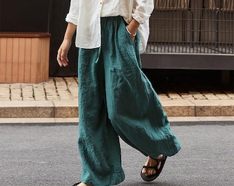 D332---Washed Linen Palazzo Pants in Peacock Blue, Wide Leg Pants, Culotte, Gaucho Pants, Skirt Pants, Pants Skirt, Skants, Made to Order.