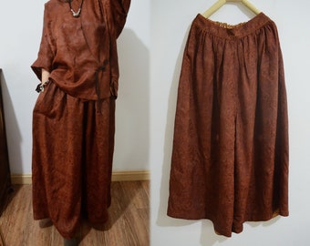 X134---Mud Silk Jacquard Wide Leg Pants in Rust Red, Gambiered Silk Trousers, Plus Size Skands, Made to Order.