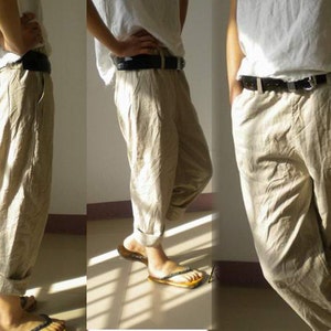 028Slightly Tapered Boyfriend French Linen pants Excluding the belt, Relaxed, Slouchy Fit , Loose Linen Pants / Women Linen Trousers. image 1