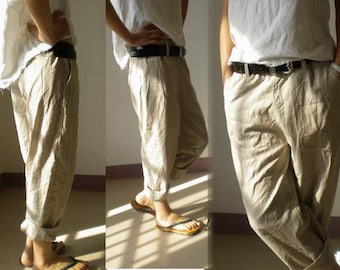 028---Slightly Tapered Boyfriend French Linen pants (Excluding the belt), Relaxed, Slouchy Fit , Loose Linen Pants / Women Linen Trousers.