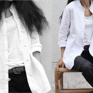 214---Women's Stand Collar White Linen Shirt, Black Chinese Linen Jacket, Cheongsam, Made to measure.