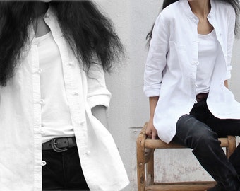 214---Women&#39;s Stand Collar White Linen Shirt, Black Chinese Linen Jacket, Cheongsam, Made to measure.